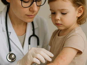 A female pediatric doctor wearing a white coat and gloves gently examines a red rash on a young child's arm, illustrating a typical PLAB 2 clinical scenario. The child, around 3 to 4 years old, looks down quietly. The background is softly lit and neutral, emphasizing a calm clinical setting and focused medical care.