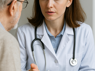 A female doctor in a white coat attentively discussing pain management with an elderly male patient, illustrating a typical MSRA consultation scenario.