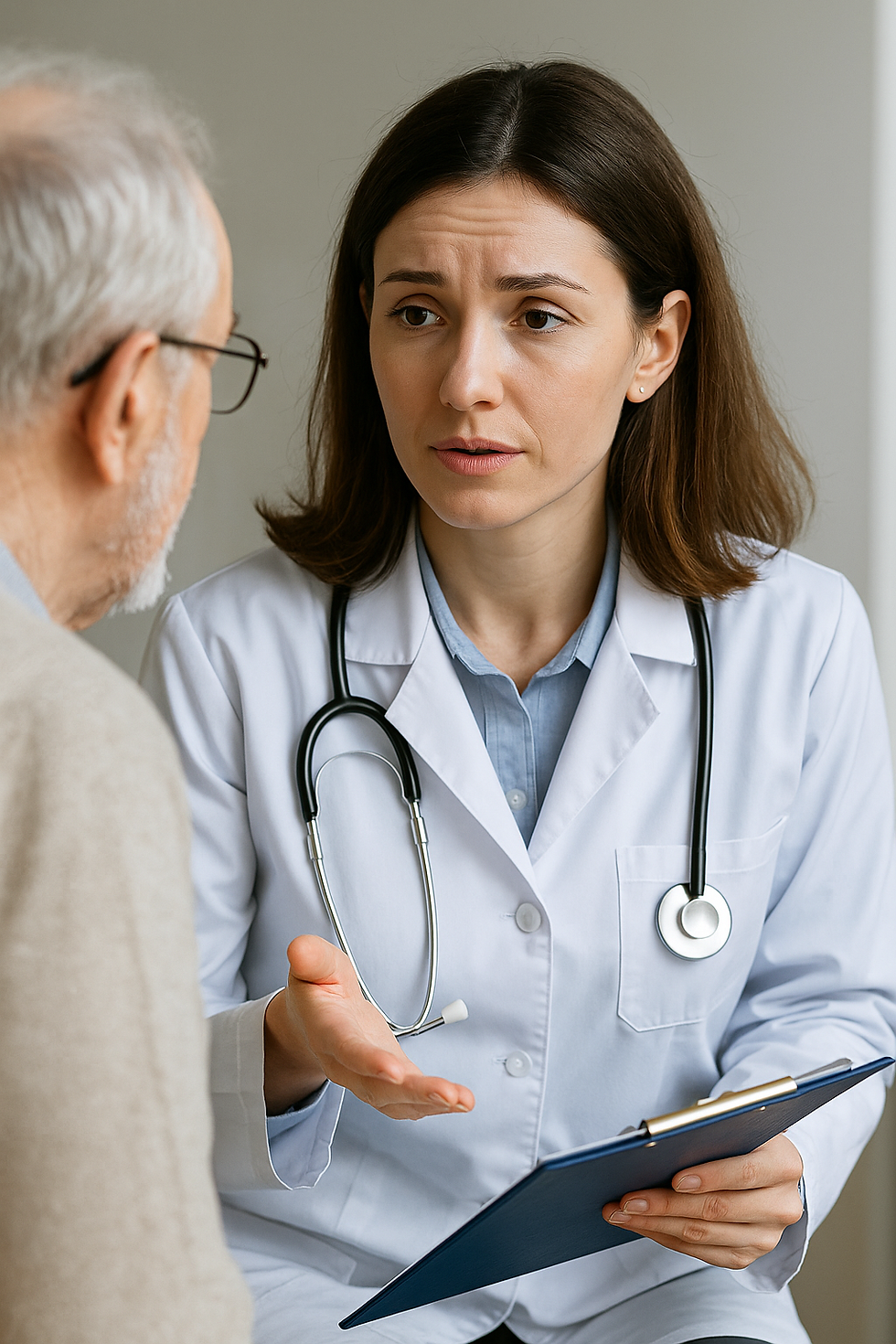 A female doctor in a white coat attentively discussing pain management with an elderly male patient, illustrating a typical MSRA consultation scenario.