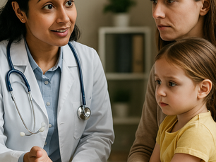A PLAB 2 scenario showing a female doctor reassuring a concerned mother holding her child during a flu vaccine consultation.