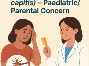 PLAB 2 illustration showing a healthcare professional advising a concerned parent about head lice treatment, highlighting paediatric care.