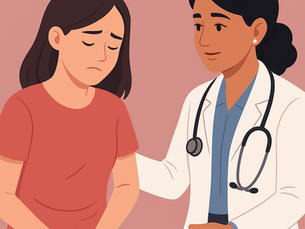 A PLAB 2-style medical scenario illustration showing a doctor compassionately talking to a young woman experiencing abdominal pain from dysmenorrhoea.