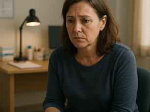 A concerned middle-aged woman sitting tensely in a GP's consultation room, with soft lighting and a doctor's desk in the background, reflecting a serious but safe medical environment. PLAB 2.