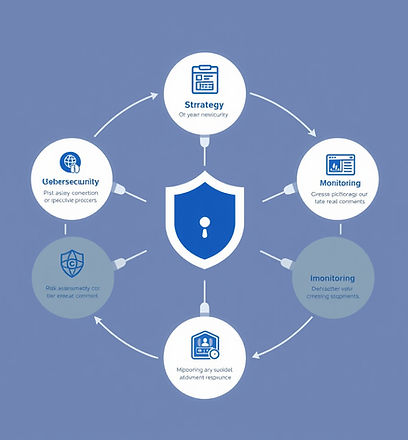Cybersecurity process illustration with five steps_ Risk Assessment, Strategy, Implementat