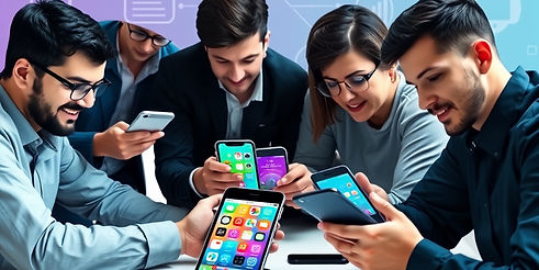 _A group of developers working on mobile app designs, with smartphones and tablets display