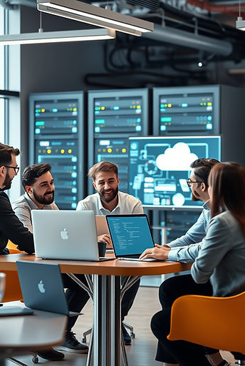 “Startup team working in modern office, discussing software development, cloud servers and