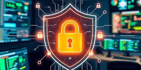 A digital cybersecurity concept showing a shield with glowing locks and data streams, symb