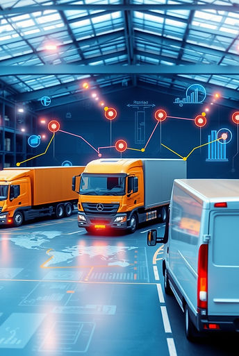 “Logistics and transportation technology concept, delivery trucks, route optimization map,