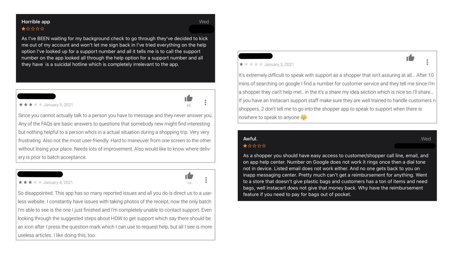 Screenshots of user reviews relating to issues with support