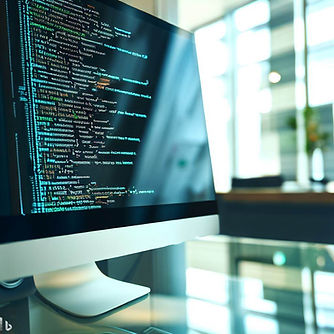Mac Computer on a glass desk by a window, showing computer code on the screen.jpeg