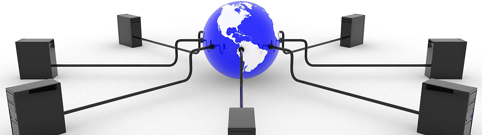blue globe connected to multiple hotel computer terminals