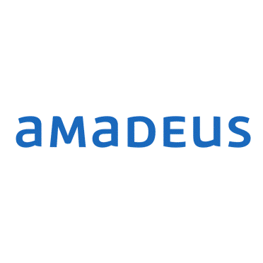 the logo of Amadeus, a travel technology company, showing the words amadeus in blue lower case font