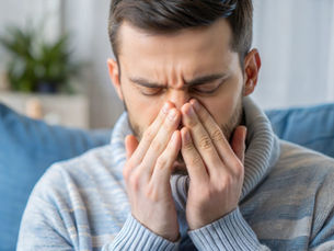 A man with hands over nose due to congestion