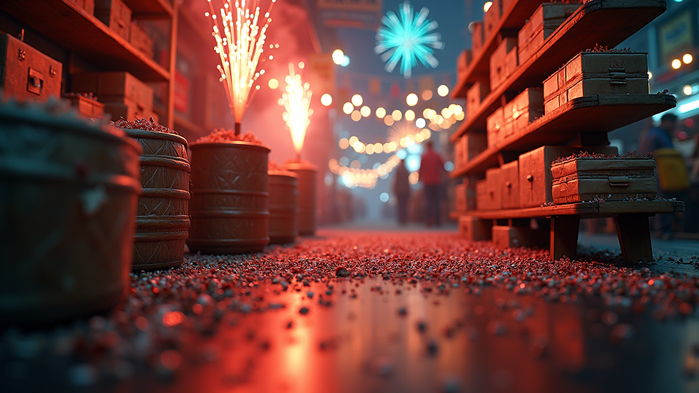 Eye-level view of a colorful display of fireworks and petards in a shop