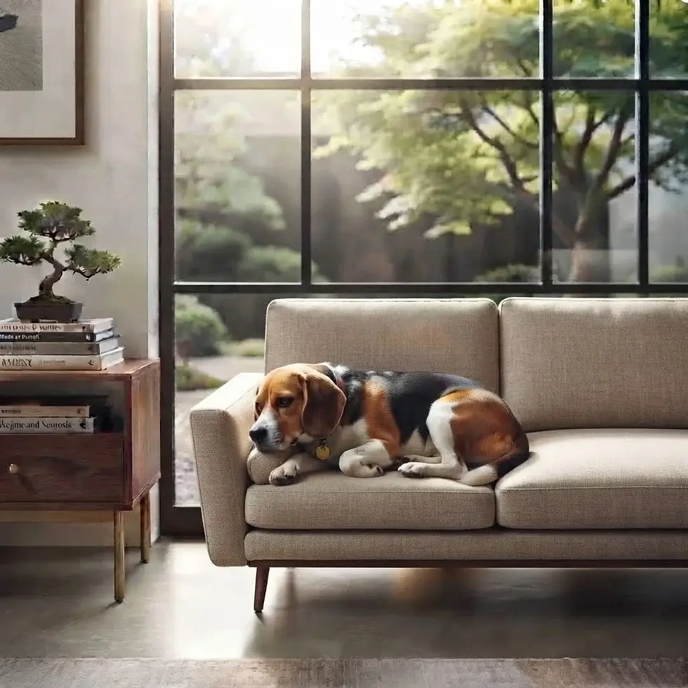 Lifestyle photography of a beagle dog resting on a sofa. Natural light illuminates a peaceful indoor scene with a view of a garden.