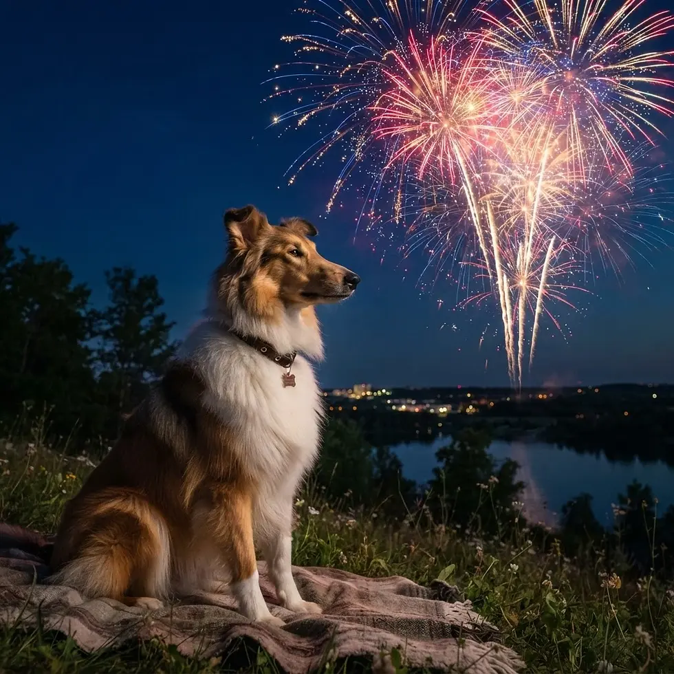 Digital photography of a collie dog sitting on a blanket outdoors, watching colorful fireworks explode in the night sky over a town. The scene is festive and serene.