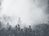 Mann steht in Nebel als Symbol für unsichere Zeiten, in denen keiner weiß, was kommt und wo demnach Entscheidungen immer in Unsicherheit getroffen werden müssen.