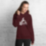 Female wearing a maroon hoody with a white Bumpy logo on the front