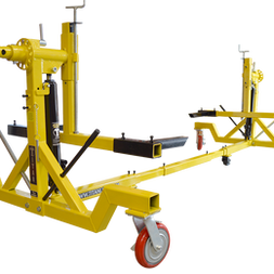 Yellow industrial cart with wheels and hydraulic lift