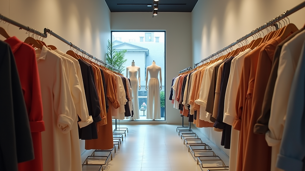 Eye-level view of a fashion boutique showcasing unique clothing designs