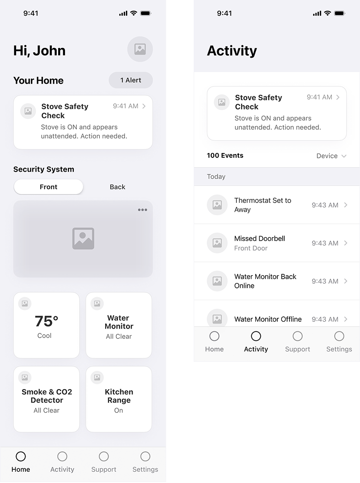 Mobile wireframes for the resident experience showing home alerts, device status, and activity history within a simplified, accessible interface.