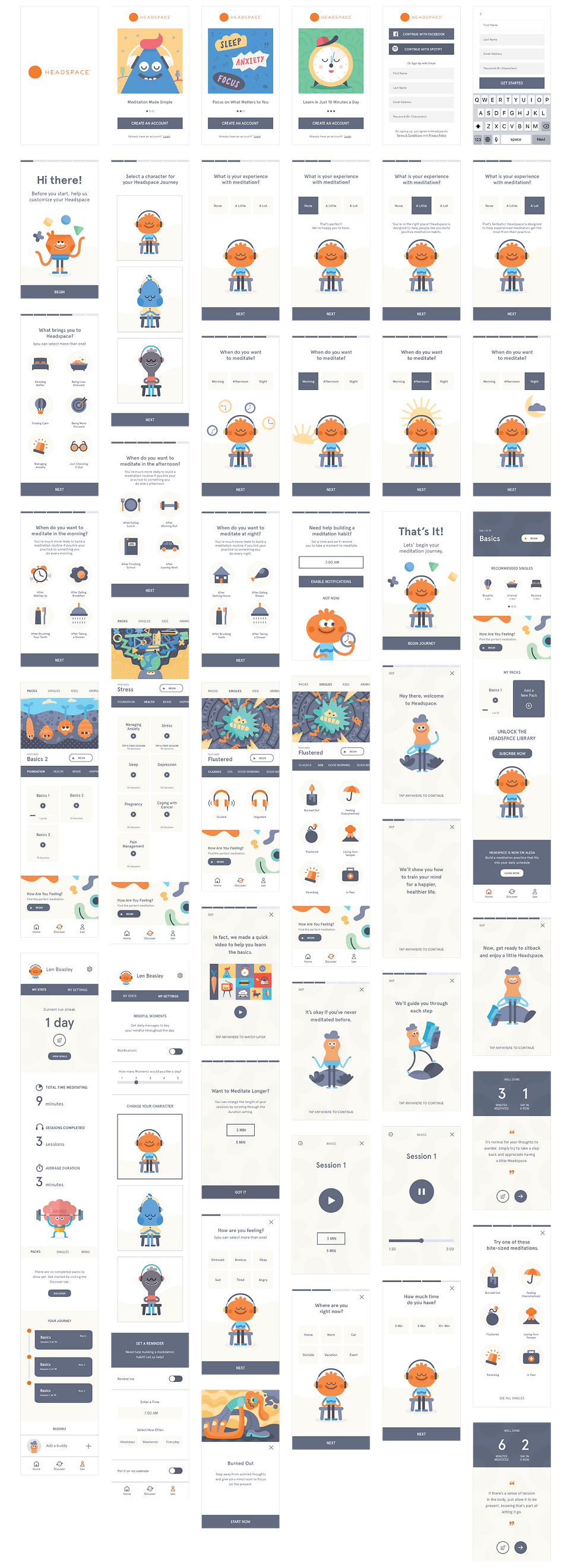 Comprehensive collection of Headspace mobile app screens, including onboarding, home, discovery, meditation sessions, progress tracking, and settings.