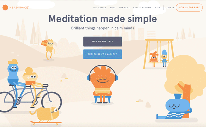 Animated preview showing a Headspace webpage under different colorblind simulations, illustrating how colors and contrast shift across vision types.