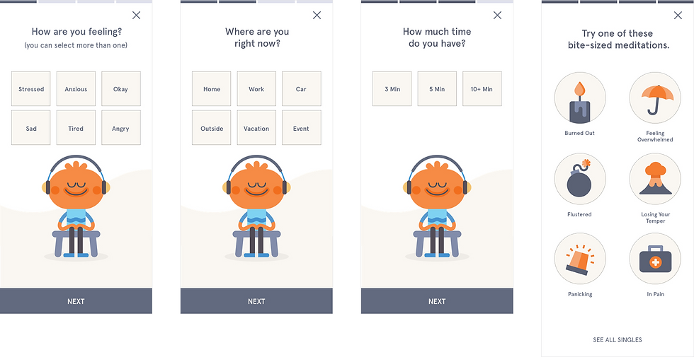 Series of Headspace onboarding screens where users select how they feel, their location, and available time, leading to personalized meditation recommendations.