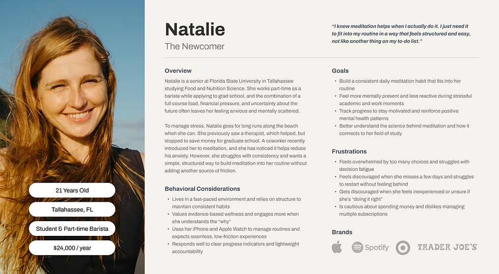 Persona profile for a new meditator highlighting background, goals, behaviors, and challenges in building a consistent meditation habit.