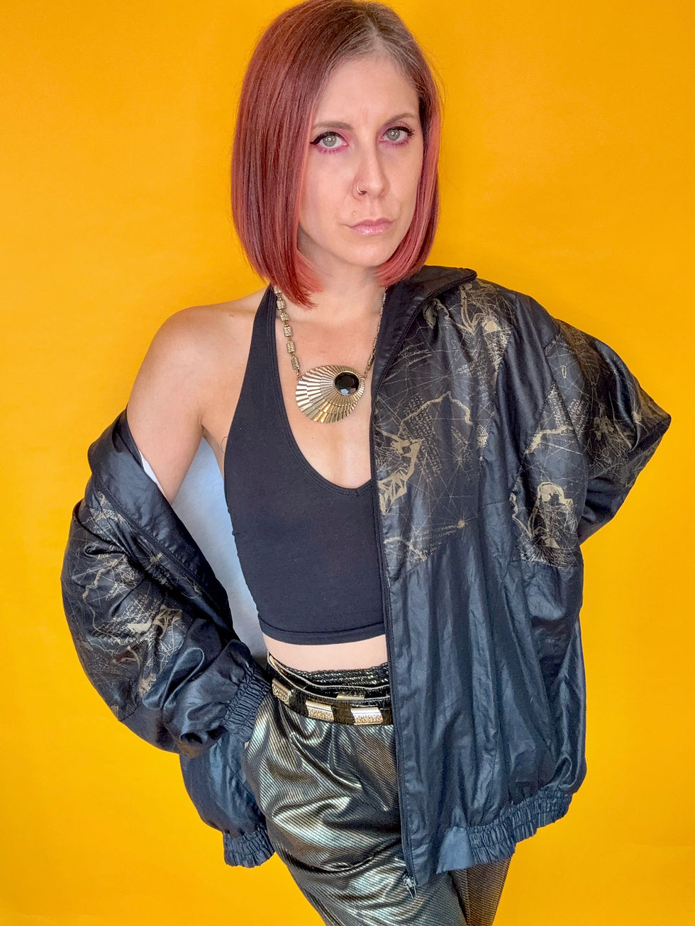 Thumbnail: Vintage Black and Gold Shell Bomber Jacket