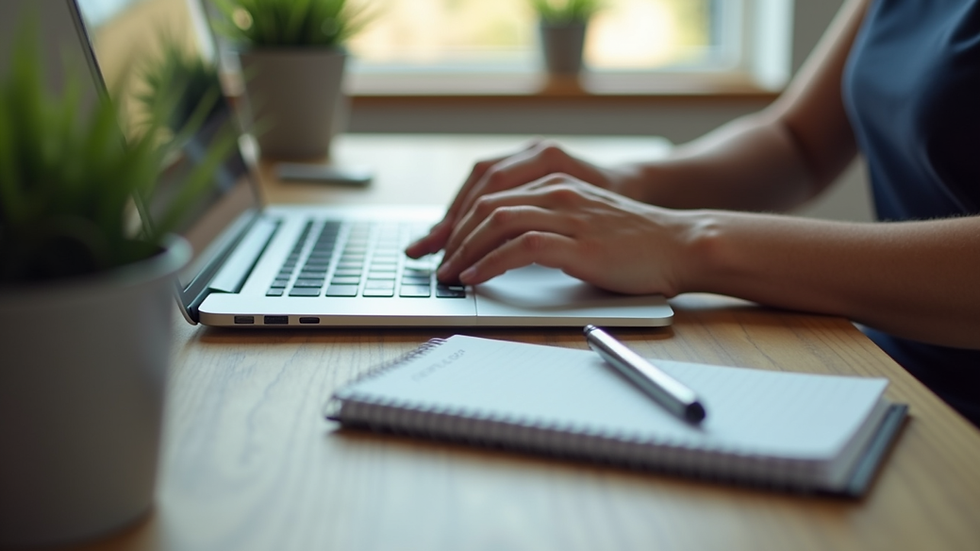 High angle view of a modern workspace with a laptop and notepad