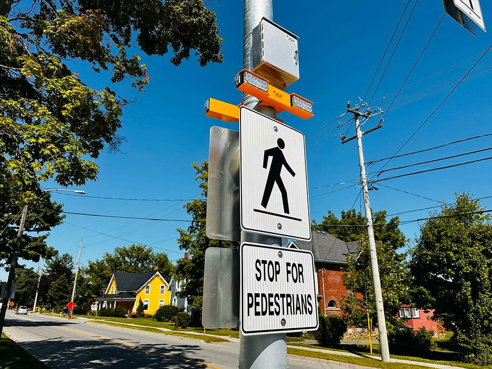 JSF crosswalk beacon and stop sign at Jacob Beam Public School.