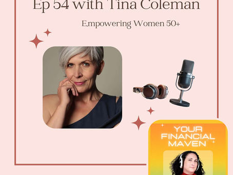 pink podcast cover art with a beautful 50+ women with grey hair and piercing eyes. Also the YFM podcast logo