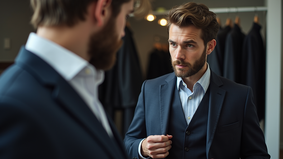 Eye-level view of a tailor measuring a client for a custom suit