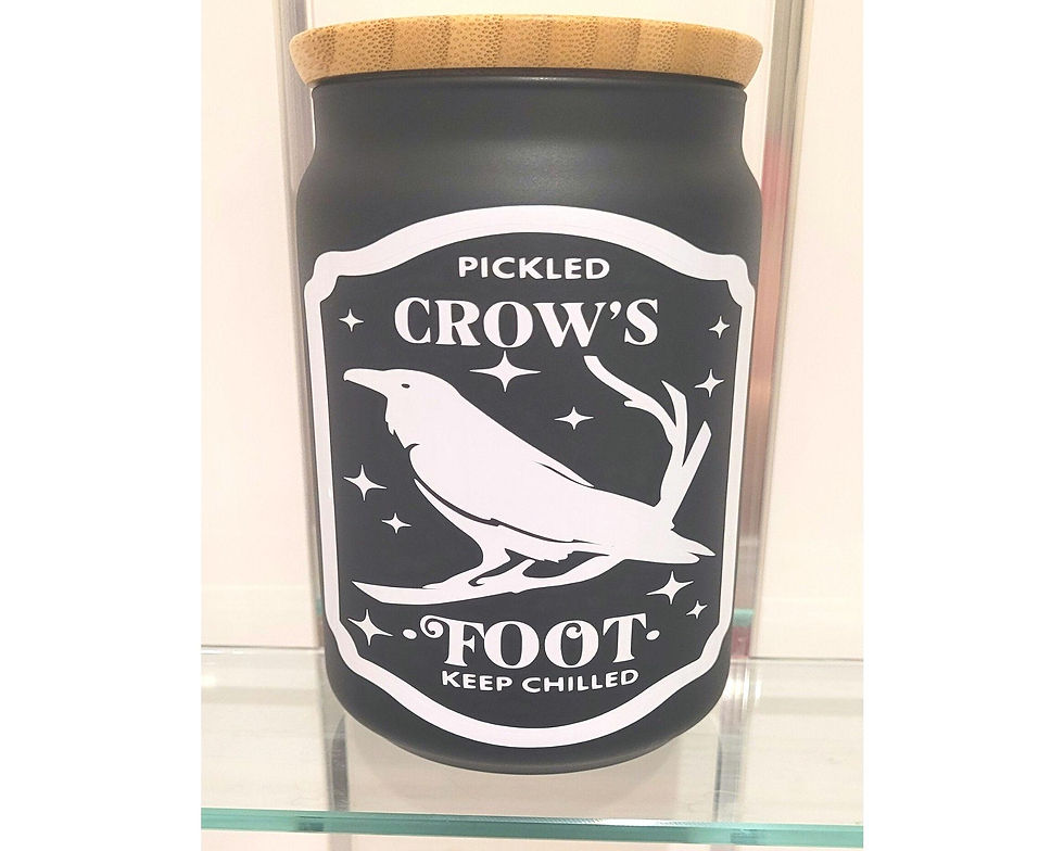 Thumbnail: Black glass jar with crow design and wooden lid — witchy storage jar and gothic apothecary decor
