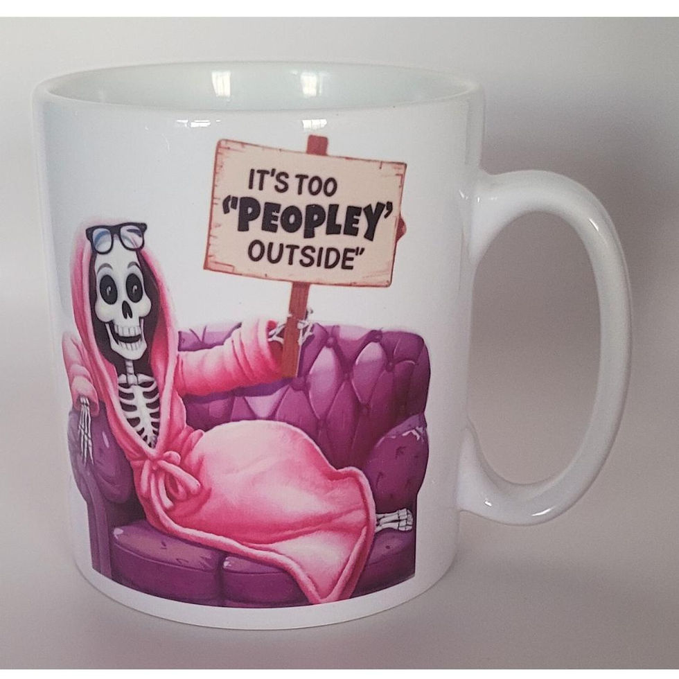Thumbnail: Funny gothic mug with skeleton in pink robe holding sign that says "It’s Too Peopley Outside"