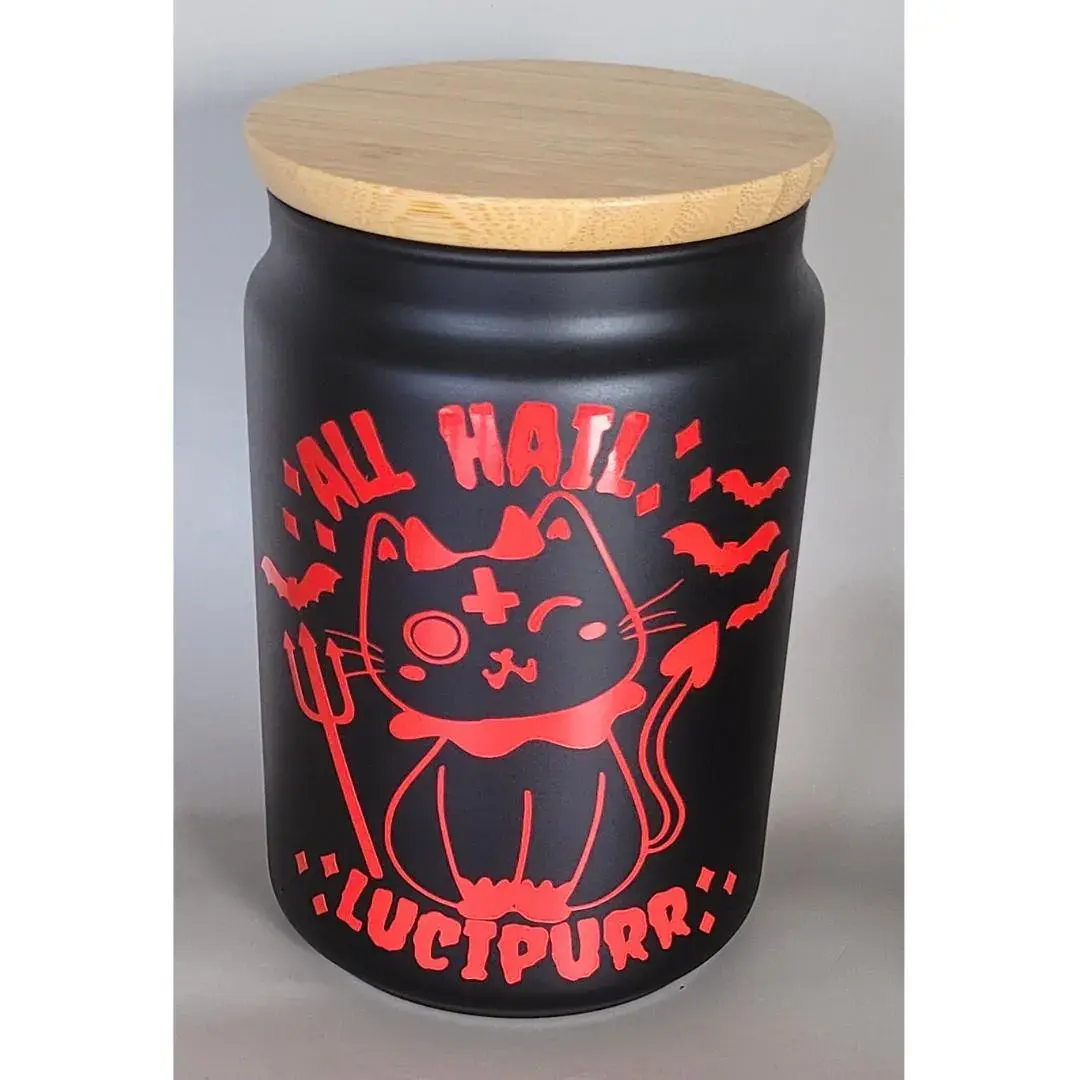 black ceramic gothic jar with red cat and bat design reading all hail lucipurr – Mystical Witch Gifts UK