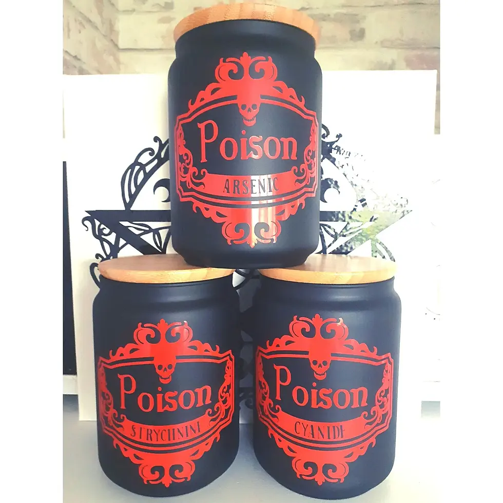 Thumbnail: set of 3 gothic storage jars with red poison labels and bamboo lids