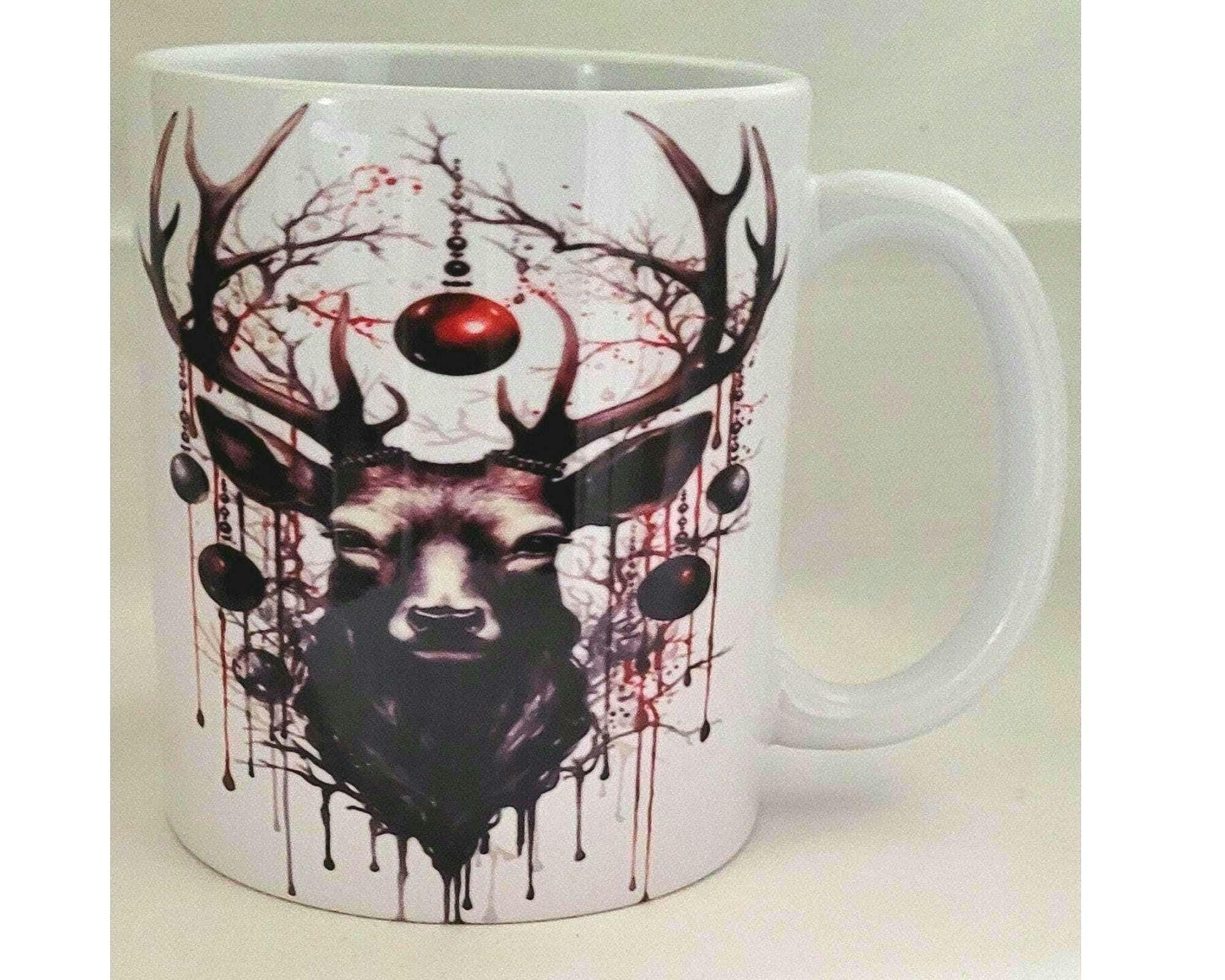 white ceramic gothic deer mug with dark forest stag design
