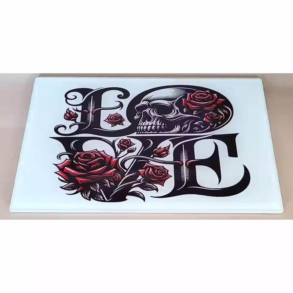 Thumbnail: white glass chopping board featuring skull and red roses forming the word “LOVE” – gothic kitchen decor