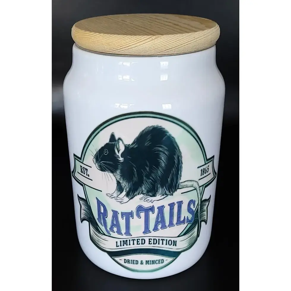 Thumbnail: White jar with rat design and wooden lid — apothecary storage jar and gothic kitchen decor