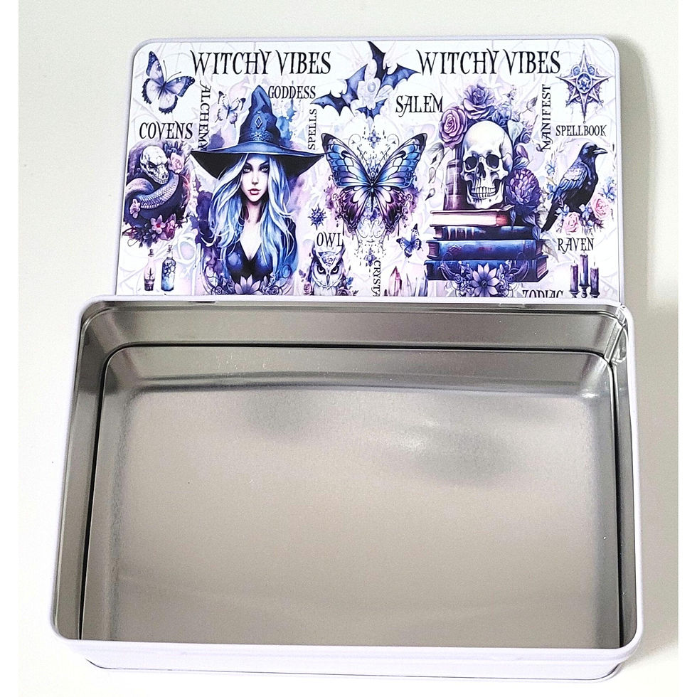 Thumbnail: white metal witchy vibes biscuit tin with gothic mystical design