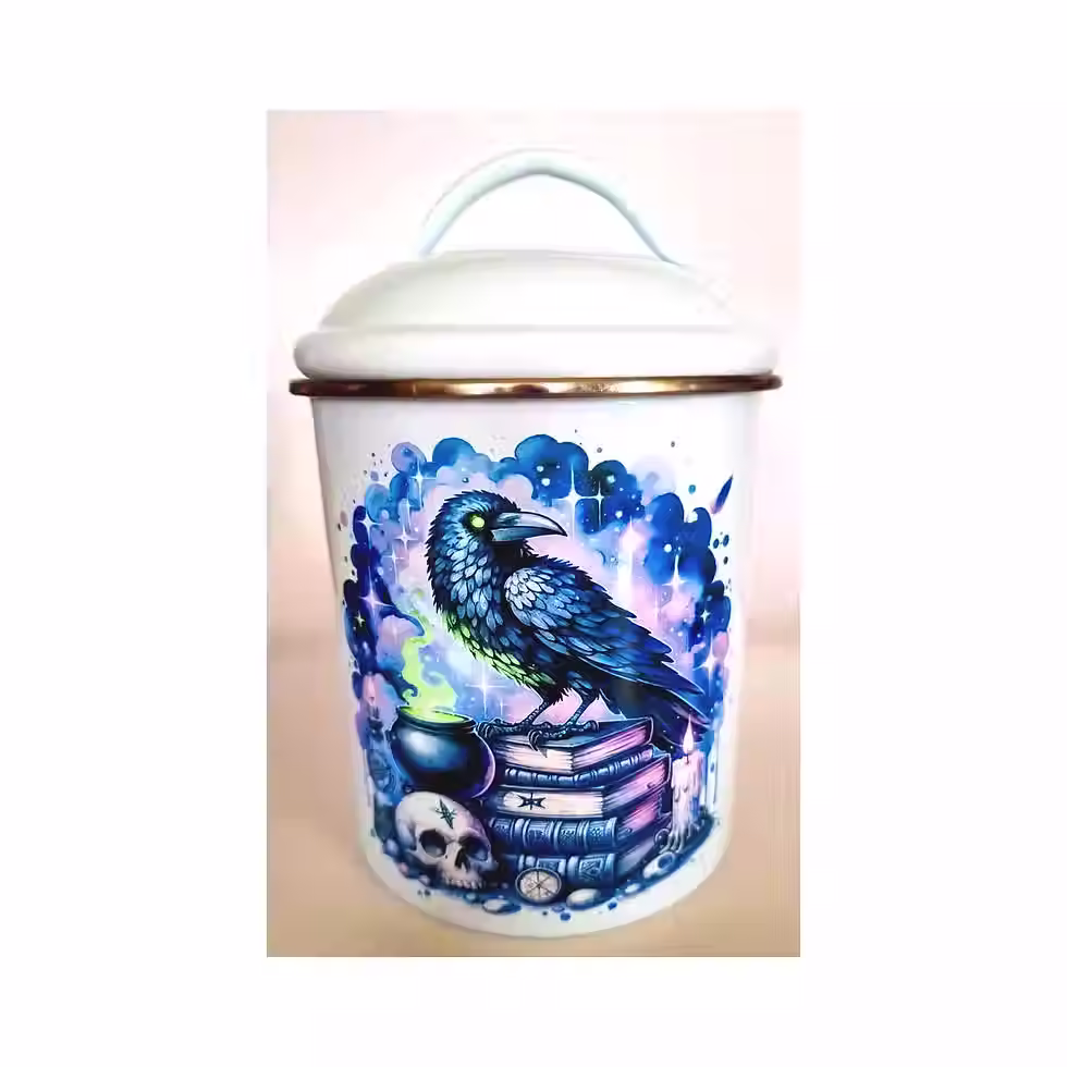 white ceramic gothic kitchen canister with raven, spell books, skull and candle design – Mystical Witch Gifts UK