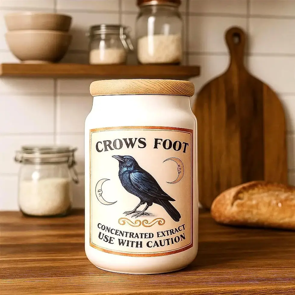 Thumbnail: white ceramic gothic apothecary kitchen canister with “Crow’s Foot” label and bamboo lid – Mystical Witch Gifts UK