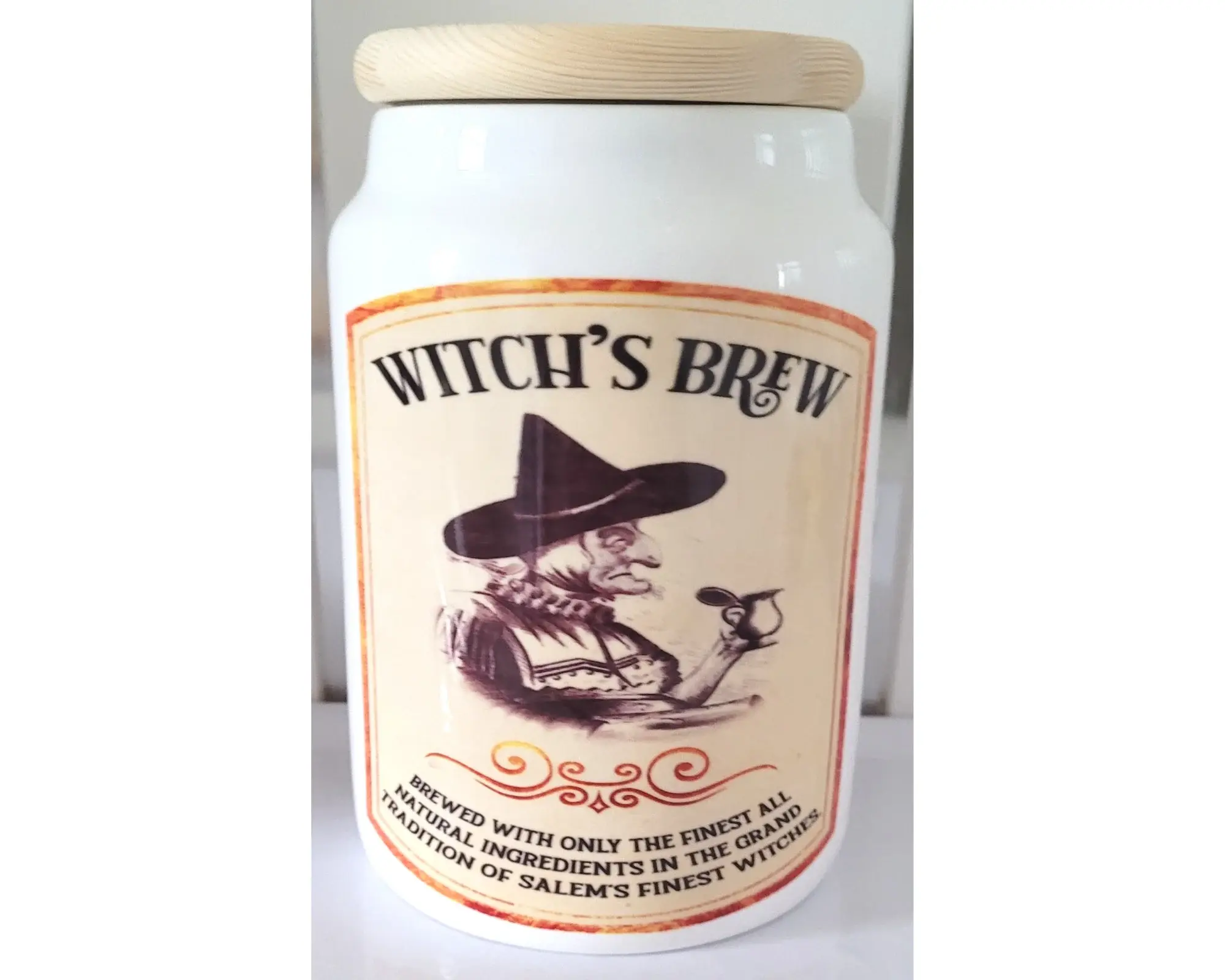 White ceramic jar with Witch’s Brew label and wooden lid — gothic storage jar and witchy kitchen decor