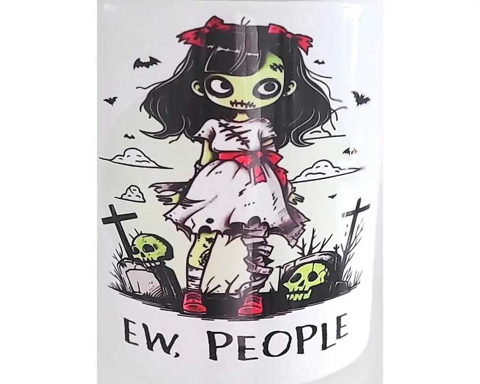 Thumbnail: Funny gothic mug with cartoon zombie girl and “Ew, People” text – introvert coffee cup.