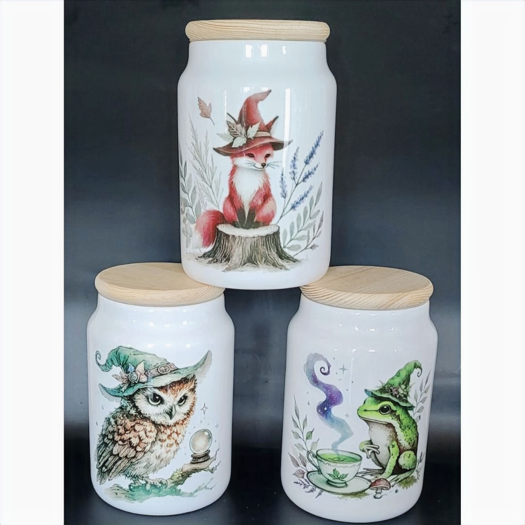 Witchy ceramic tea, coffee, and sugar canisters with fox, owl, and frog designs – white jars with bamboo lids