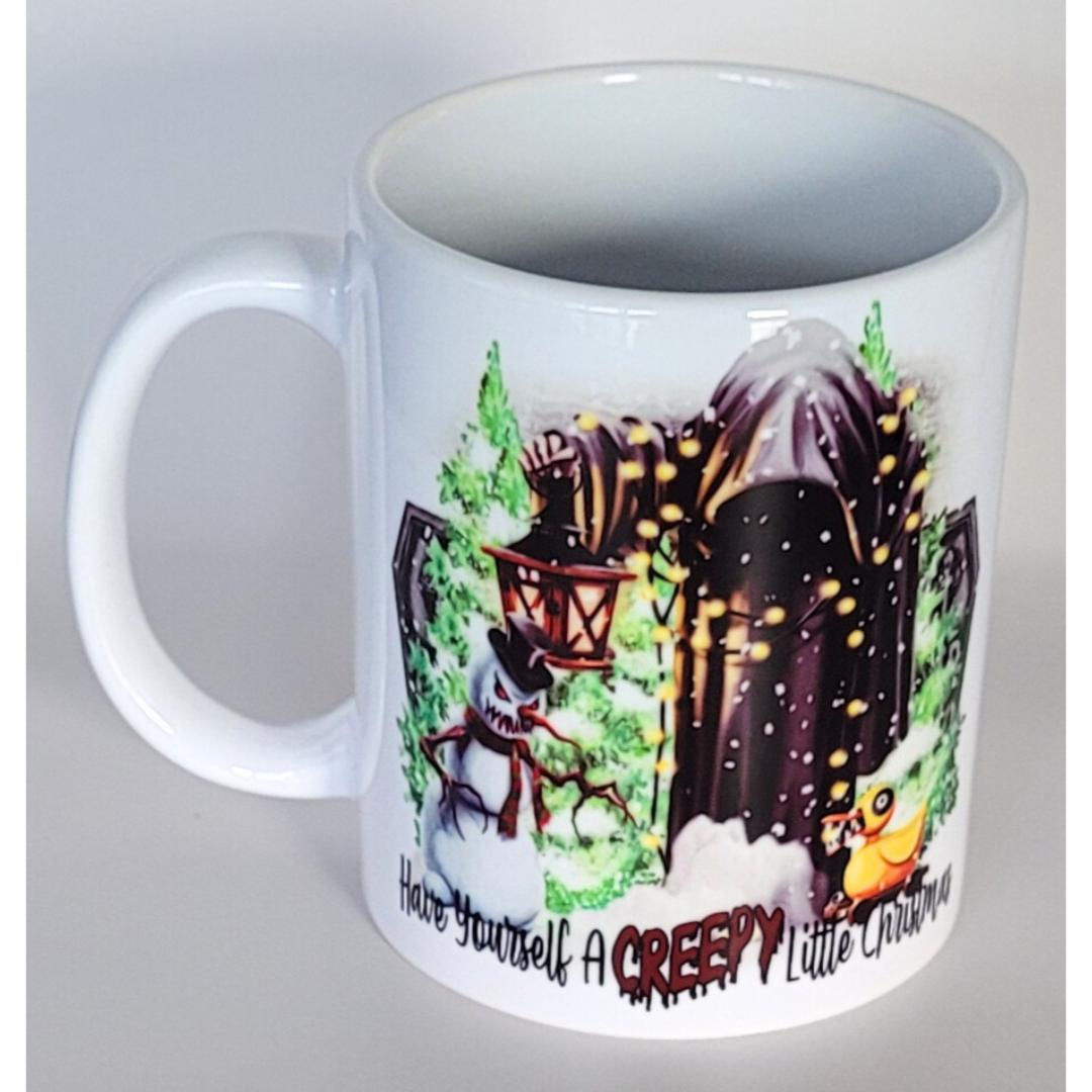 white gothic christmas mug with creepy festive design