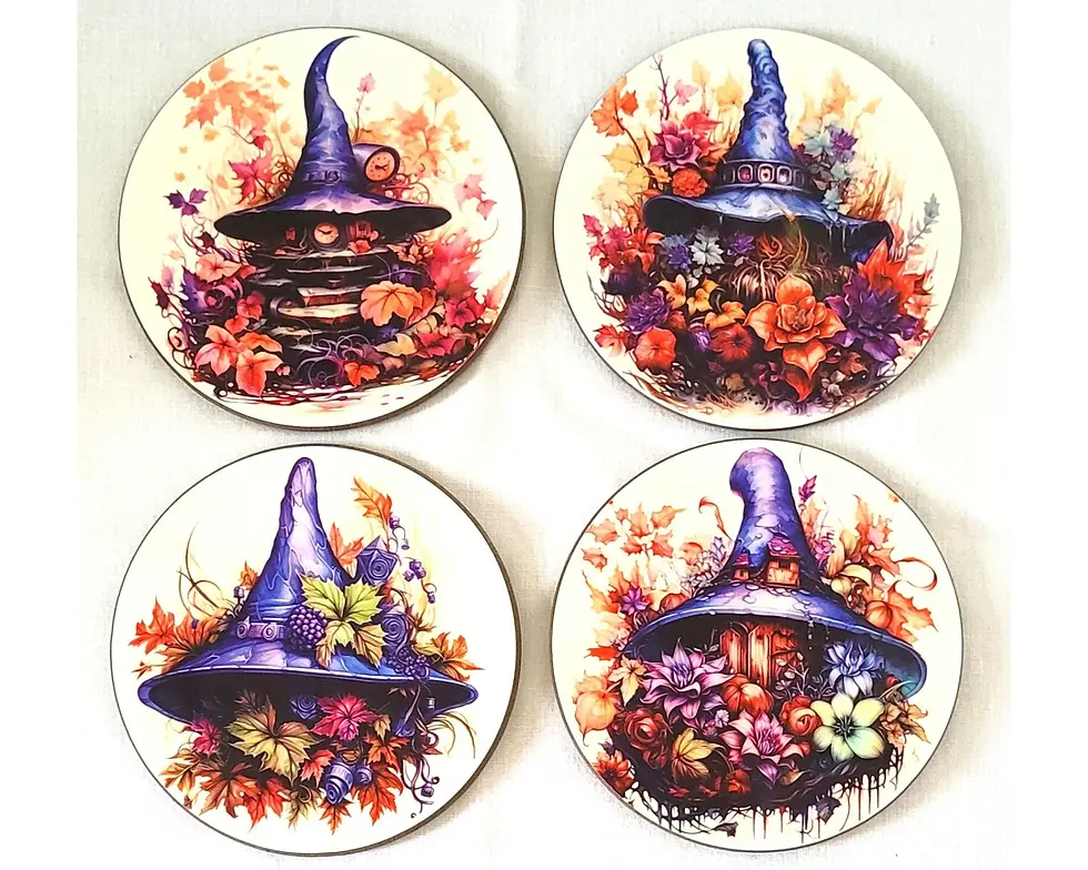 set of 4 witchy coasters with autumn witch hat designs – Mystical Witch Gifts UK