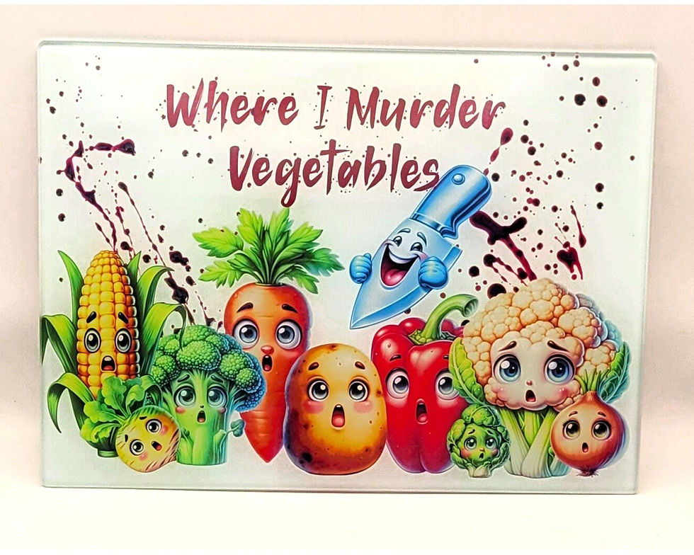 Thumbnail: funny glass chopping board with cartoon vegetables and text “Where I Murder Vegetables” – humorous kitchen gift